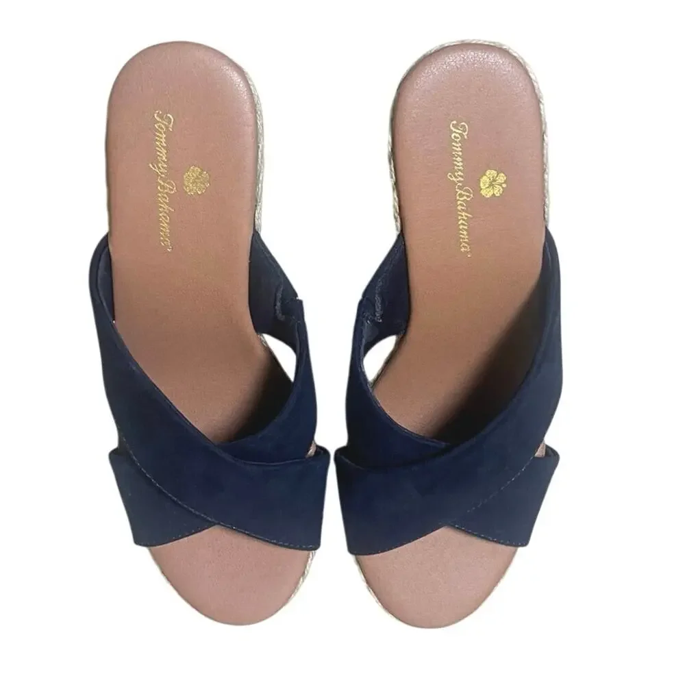 Tommy Bahama Stacey Navy Wedge Sandals Slides Espadrilles Size 6.5 M Coastal